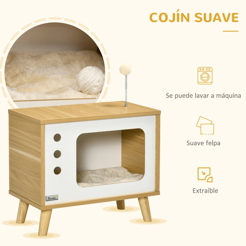 Cuccia TV per Gatti ¨C Xylo ¨C con Cuscino Lavabile e Palla Gioco 50x28x43 cm Rovere