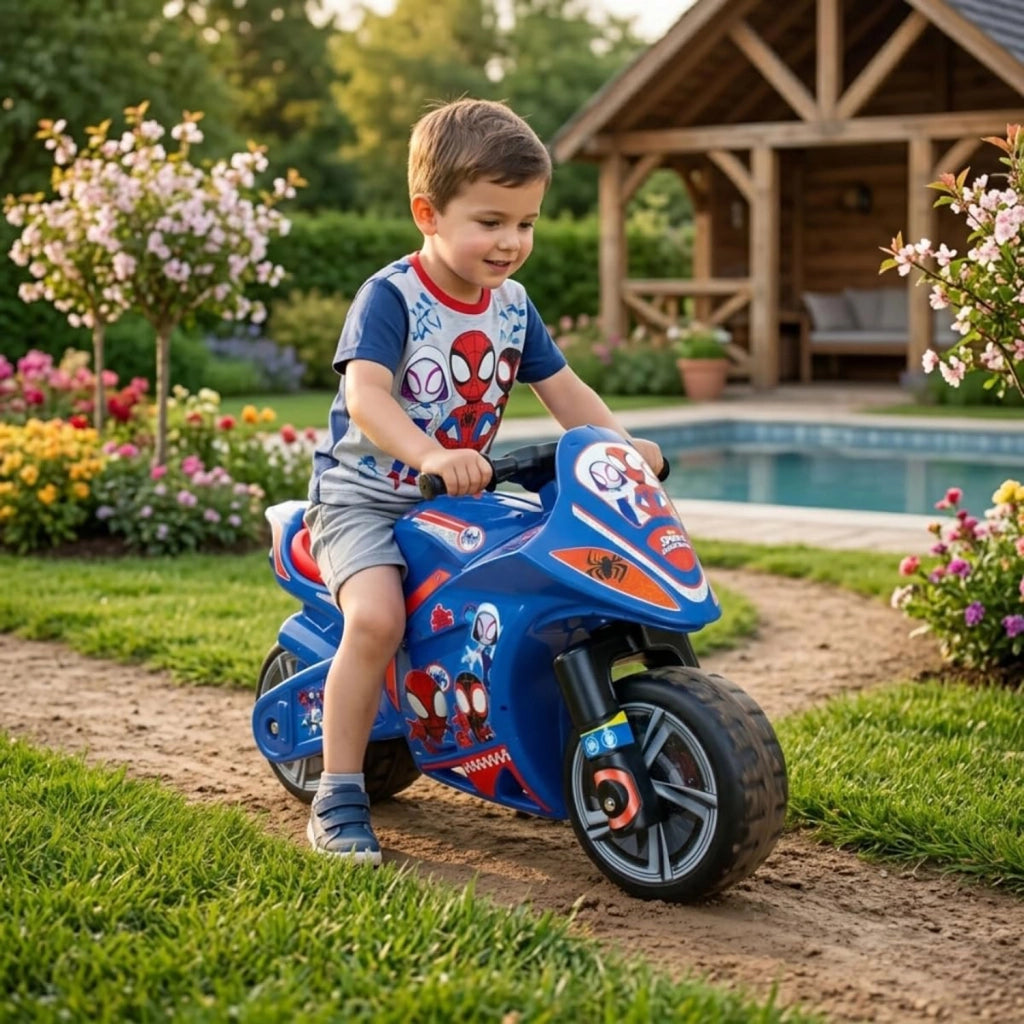 Moto Cavalcabile per Bambini 4-7 anni a Spinta Marvel Spidey 99x39x61 cm fino a 50 kg con Maniglia di Trasporto Blu
