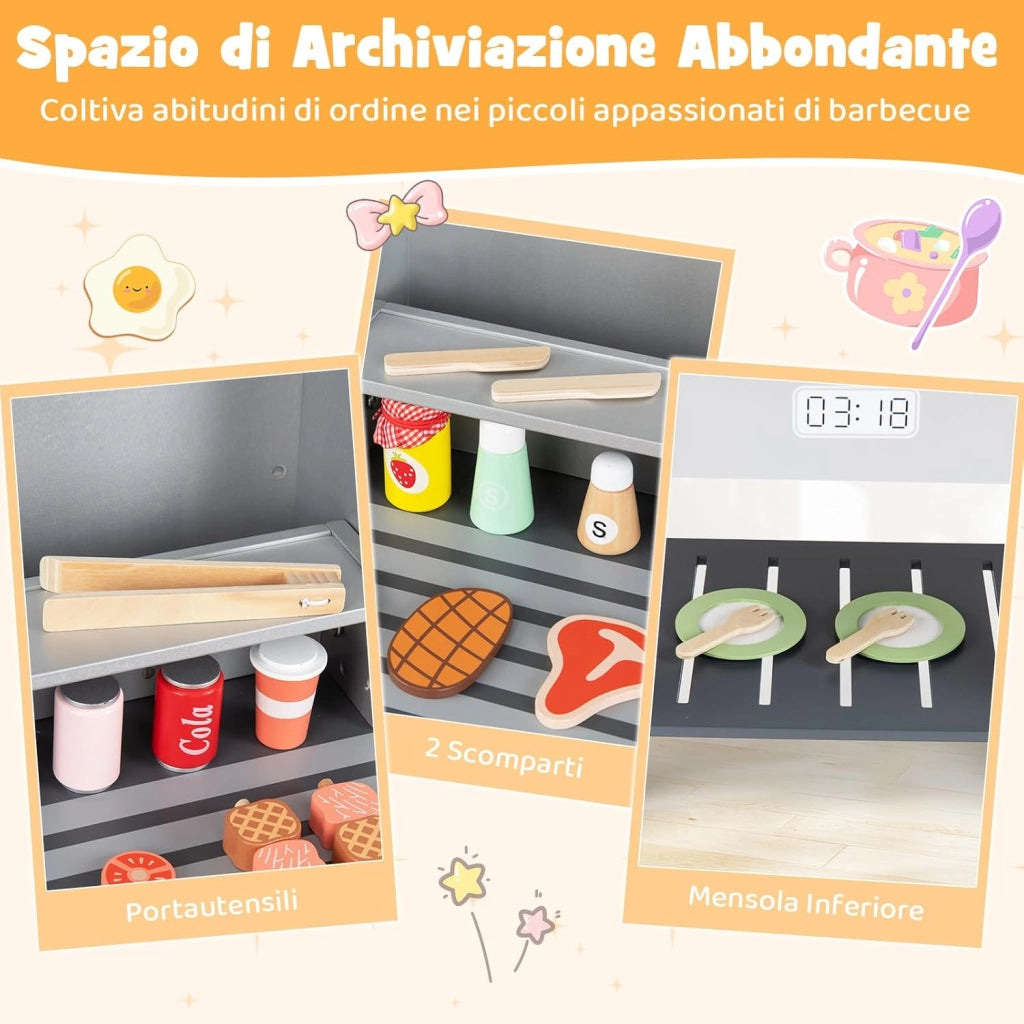 Set di Gioco per Barbecue in Legno per Bambini, Gioco di Griglia per Bambini con 2 Grill, Coperchi Ribaltabili, Ricchi Accessori e Cibi Giocattolo, per Bambini 3+ Anni