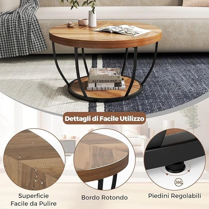 Tavolino da Caffè Rotondo a 2 Ripiani, Tavolo da Salotto in Legno con Struttura in Metallo, Tavolino Soggiorno Industriale con Piedini Regolabili, 80 x 80 x 45 cm (Moderno)