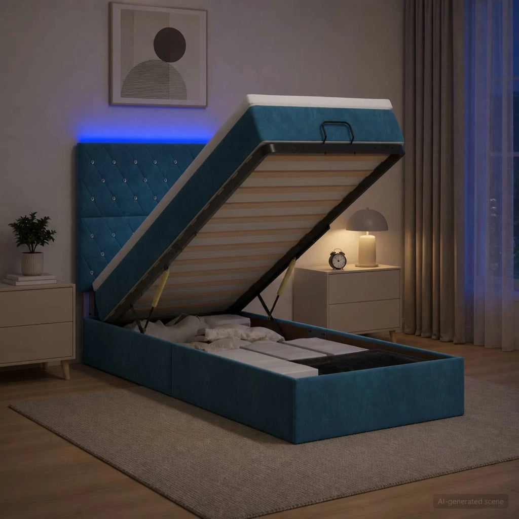 Letto Ottomano con Materasso e LED Blu scuro 100 x 200 cm 3458215