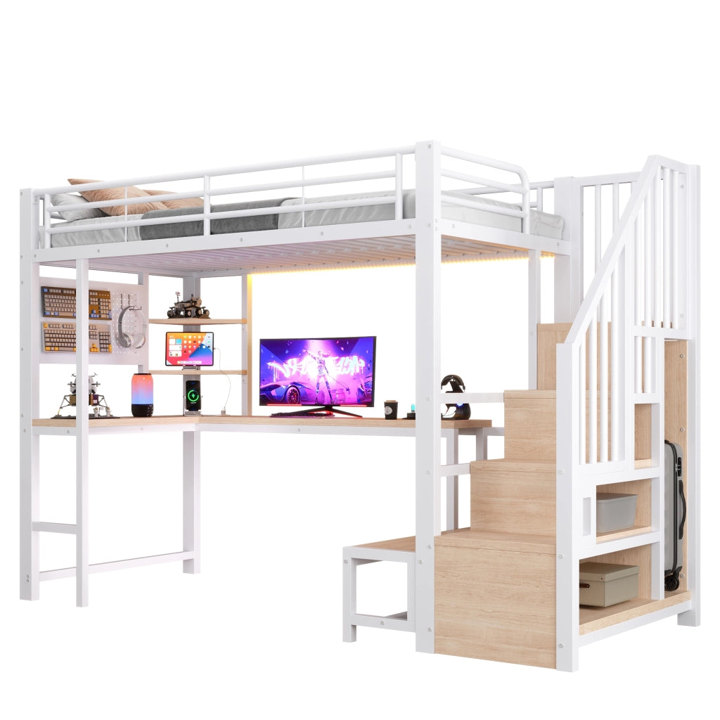 Letto a soppalco in metallo 90x200 cm, letto alto matrimoniale con scrivania, pannello forato, scala contenitore, prese USB/USB-C, ripiani e illuminazione LED, bianco