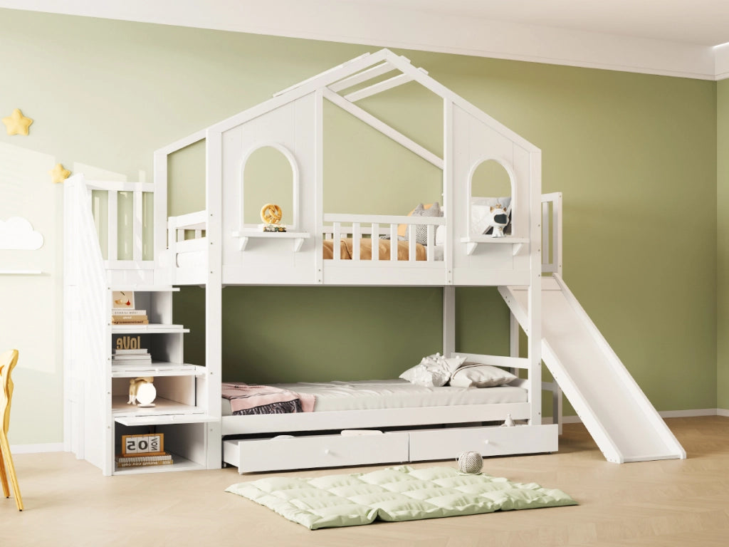 DESMIU Letto a castello per bambini 90 × 200 cm con scivolo, scala contenitore e 2 cassetti, senza materasso, in legno, bianco
