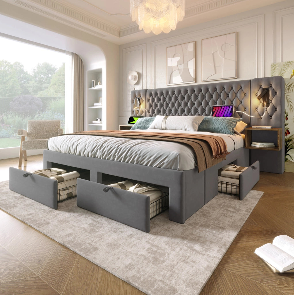 Letto matrimoniale 160x200 cm in velluto grigio con 2 comodini; 4 cassetti; luci lettura e presa USB Type C