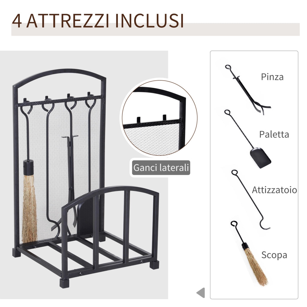 EasyComfort Portalegna da Interno ed Esterno in Metallo con Ganci e 4 Attrezzi Inclusi, 39x39x68cm, Nero