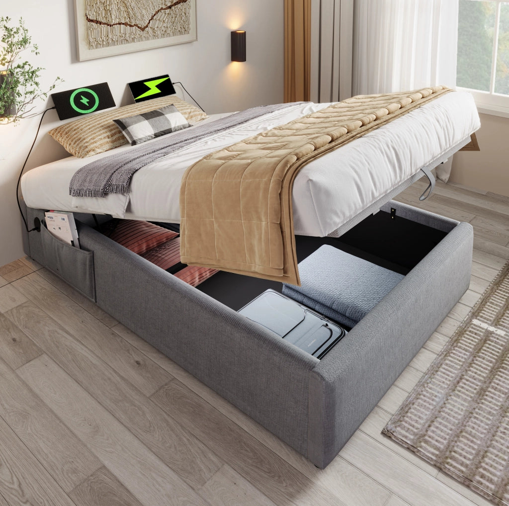 Letto contenitore singolo 90x190 cm in tessuto lino grigio con USB e Type-C