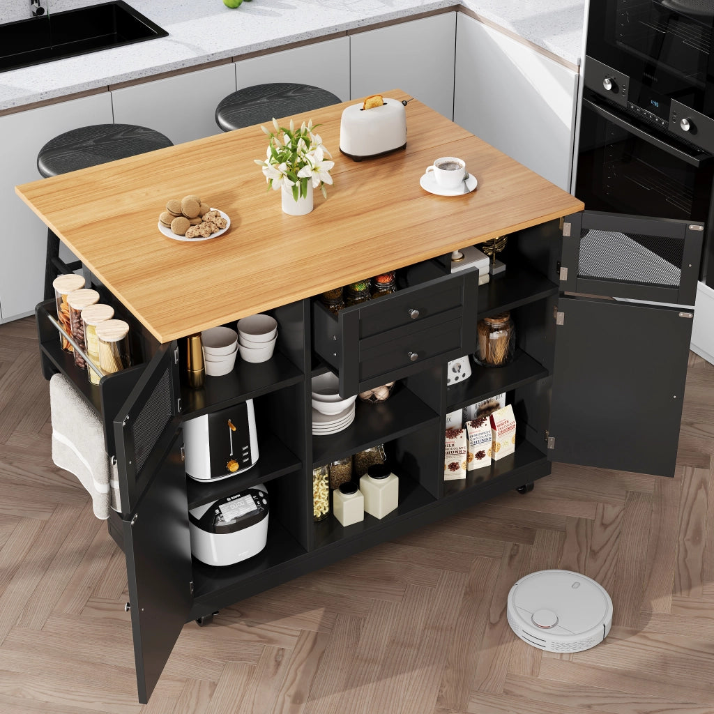 Carrello da Cucina con 2 Ante; 2 Cassetti; Portasciugamani e Ruote; in MDF; Nero; 140 x 40 x 93;5 cm