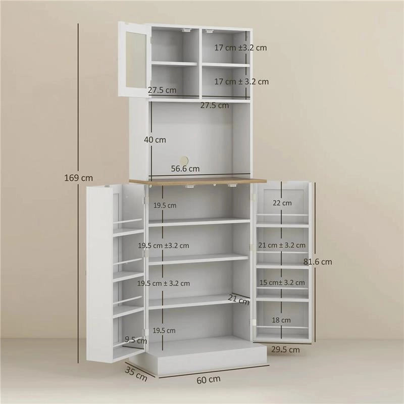 DISPENSA DA CUCINA PORTA MICROONDE CON RIPIANI APERTI E ARMADIETTO CON PORTASPEZIE 60X35X169 CM BIANCO