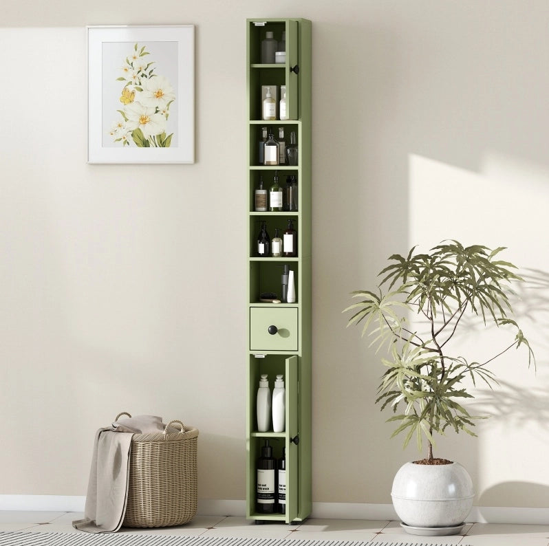 Mobile bagno stretto con cassetto e quattro ripiani, verde, ideale per ottimizzare spazi ridotti