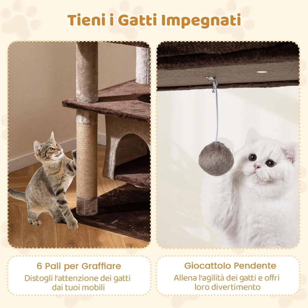Albero per Gatti Alto 148 cm, Tiragraffi per Gatti con Condo Aereo Oscillante, Cuccia Morbida, Tiragraffi, Foro e Pompon e Piattaforme, Mobile da Arrampicata Interna