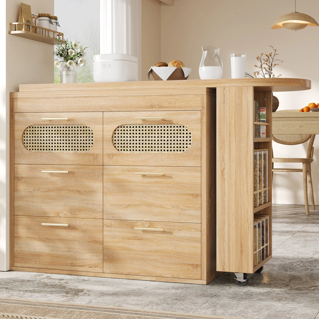 Tavolo Bar con 6 Cassetti e Ante in Rattan ¨C MINIMAL ¨C Metallo, Girevole 360¡ã