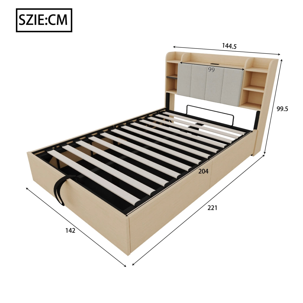OKWISH Letto Contenitore 140×200 cm, Letto Matrimoniale con Contenitore Idraulico, USB, Tipo C e Vani, senza Materasso, MDF, Legno Naturale