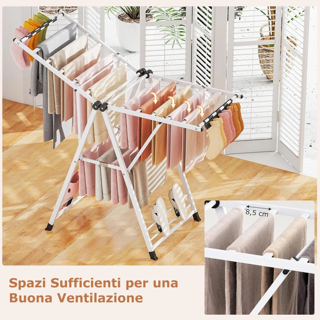 Stendibiancheria con 16 Barra, Stendino Pieghevole in Metallo con Ali Regolabili in Altezza, Clips per Calzini, Supporto per Abbigliamento Autoposante a Ali per Interno Esterno (Bianco)