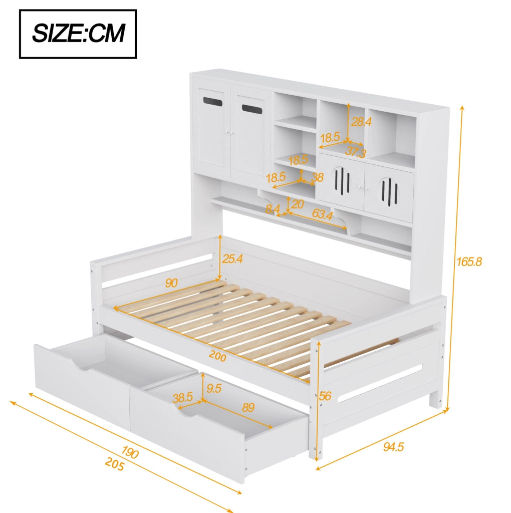 Letto multifunzione 90x200 cm con ampia capacità contenitiva e 2 cassetti