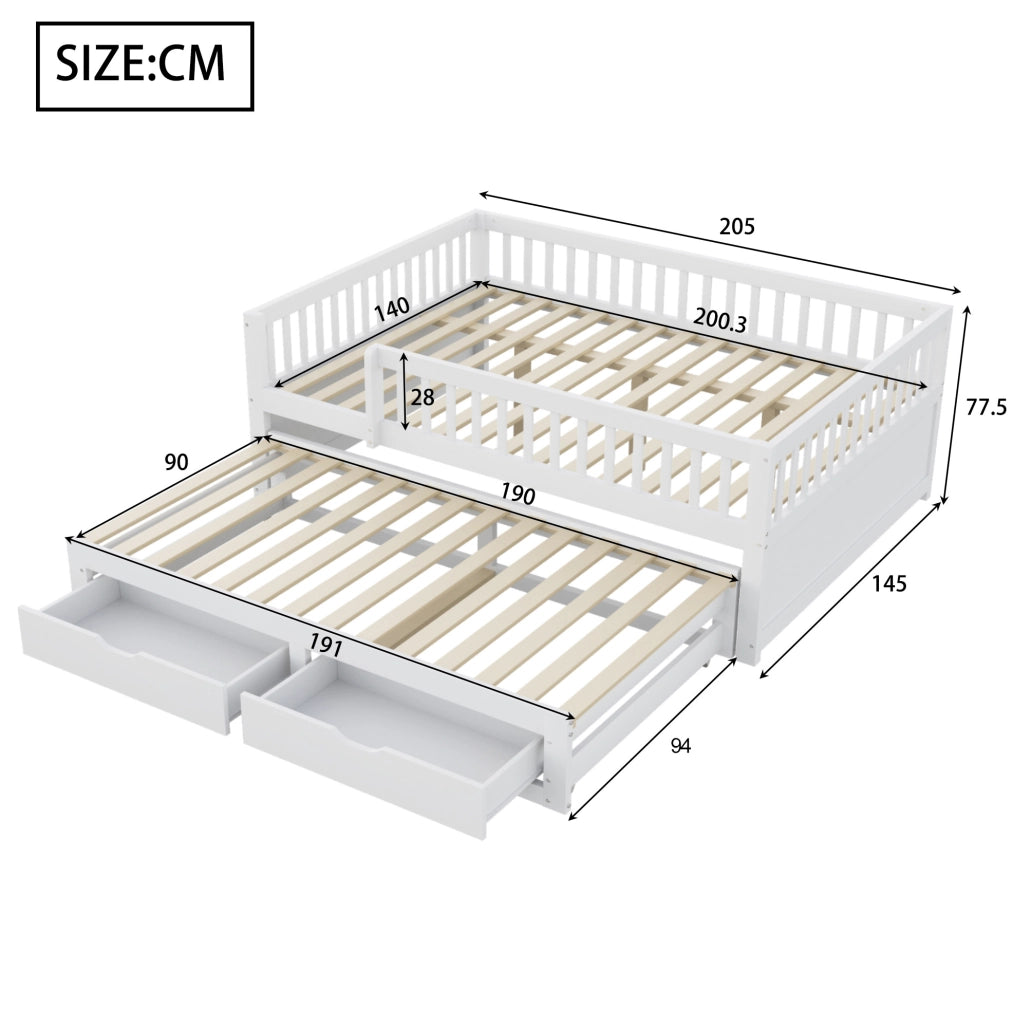 Letto 140x200 cm con letto estraibile; 2 cassetti e barriera di sicurezza; bianco