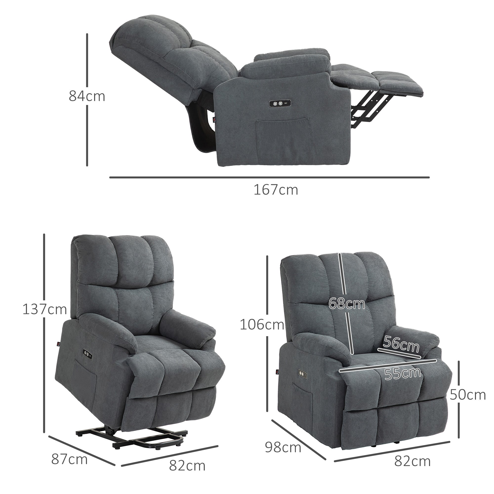 Poltrona Alzapersona con Telecomando e Poggiapiedi 84x96x100 cm Grigio Scuro