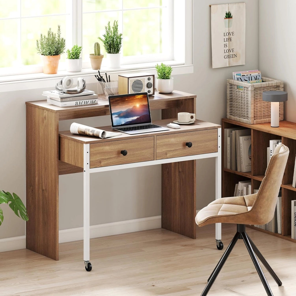Scrivania per Computer, Tavolo Salvaspazio Retrattile con Cassetti e Ruote Universali Bloccabile, 100 x 63 x 88 cm, Desk Gaming per Ufficio, Soggiorno e Camera da Letto (Naturale)