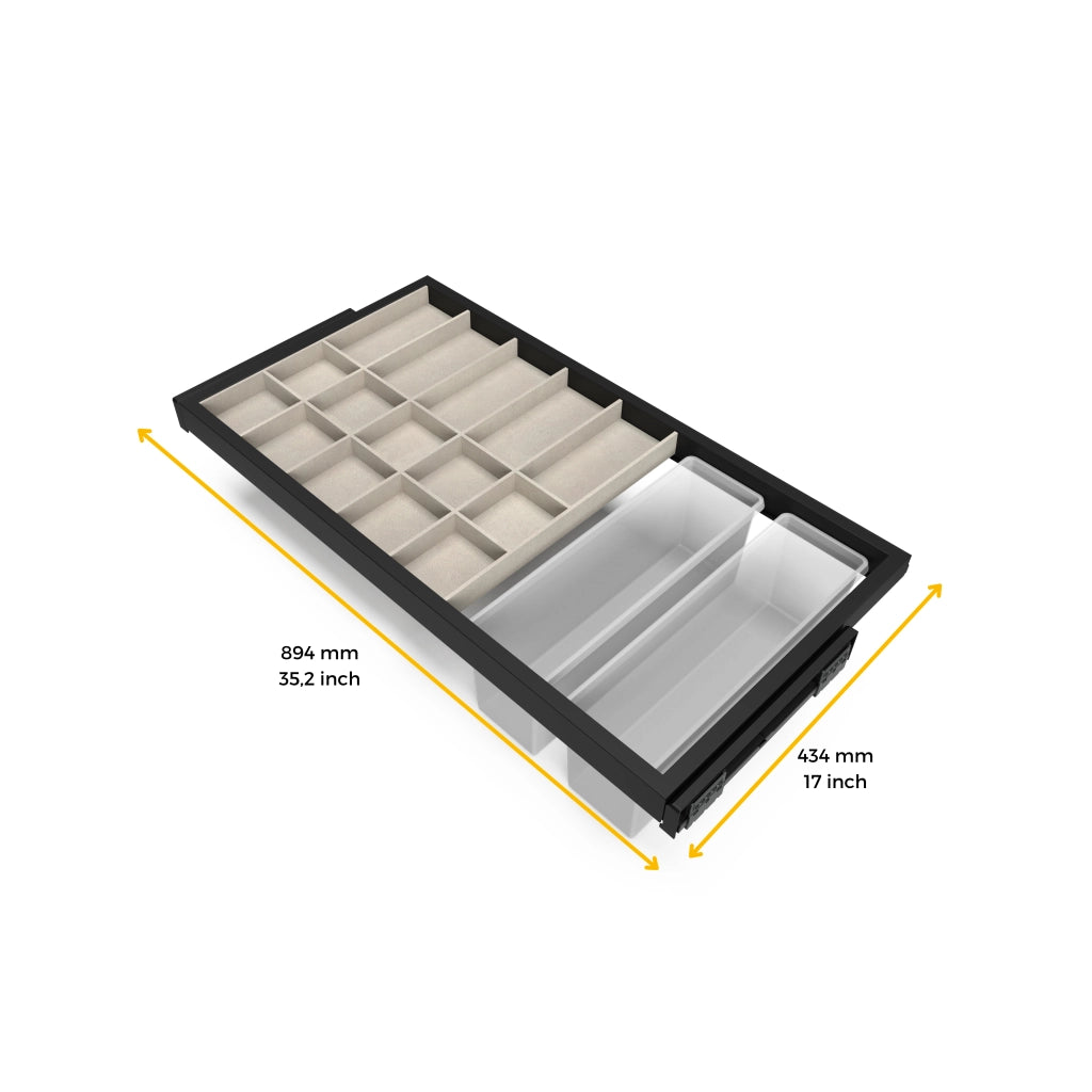 Emuca Kit cassetto organizzatore con vassoio ausiliario e telaio con guide a chiusura morbida per armadio, regolabile, modulo 900mm, Nero testurizzato e grigio pietra