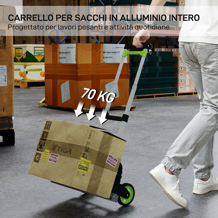 Carrello Portapacchi Pieghevole con Maniglia Telescopica Capacità 70 kg in Alluminio Argento