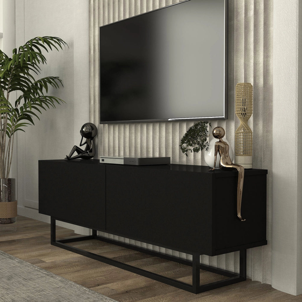 Mobile Porta TV Nolven a 2 Ante Ribalta e Telaio in Metallo 135x32x47 cm - Nero [en.casa]