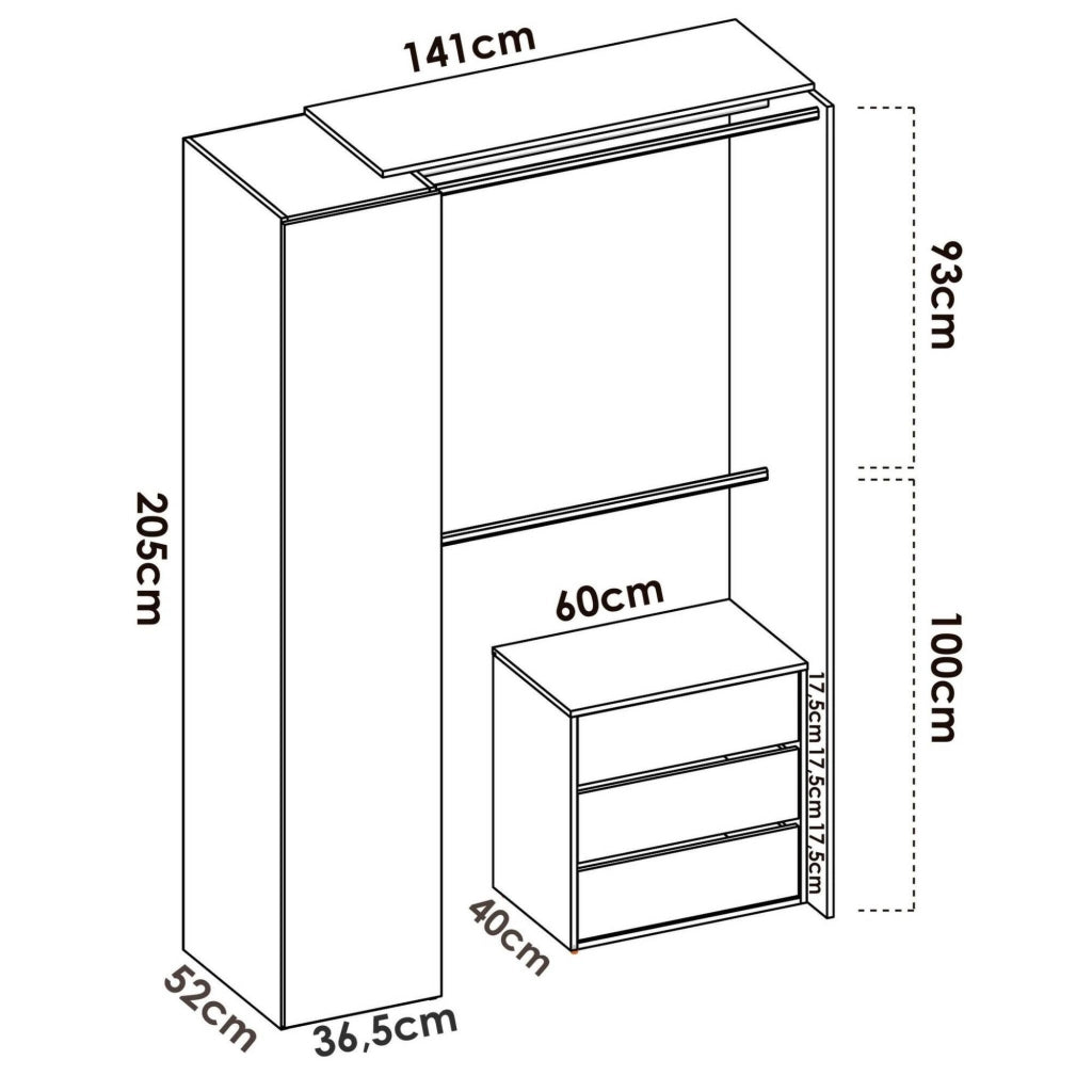 Guardaroba Annuck, Struttura per cabina armadio, Mobile appendiabiti aperto, 141x52h205 cm, Bianco e Antracite