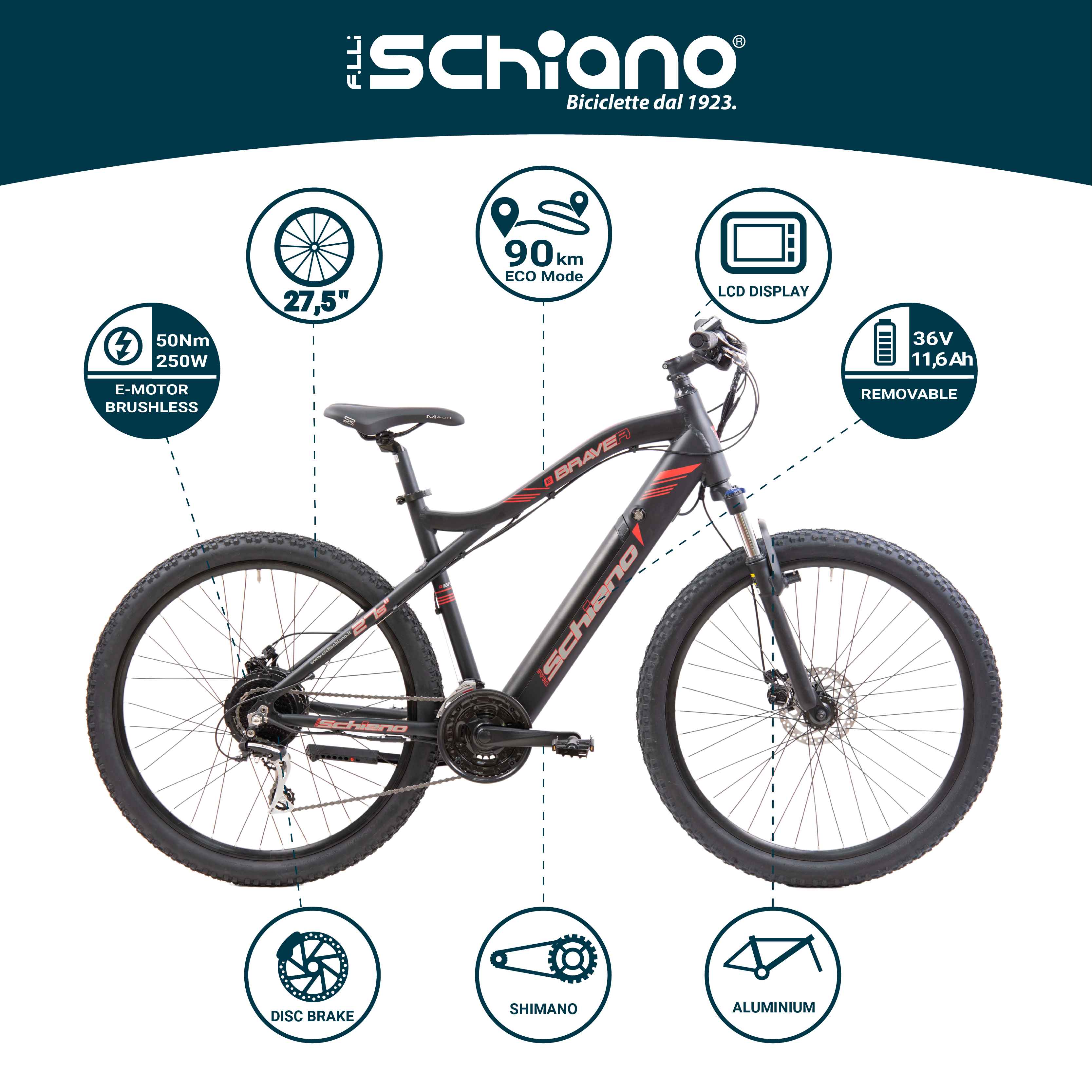 F.lli Schiano Braver, Bici Elettrica Mountain Bike 27.5 Inches per Adulti, 36V 11.6Ah Batteria Rimovibile, Motore 250W 5
