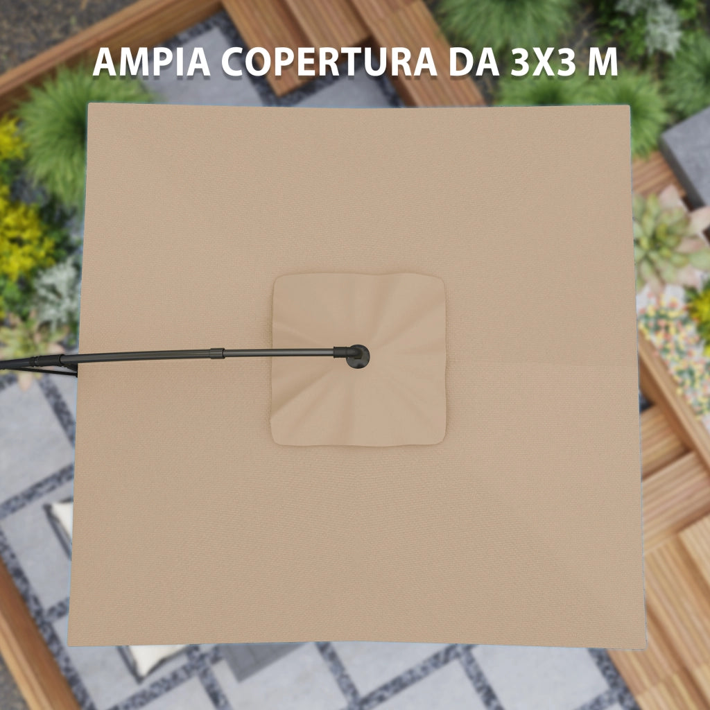 Ombrellone a Braccio 3x3 m con Copertura Regolabile e Base a Croce, in Metallo e Poliestere, color Cachi