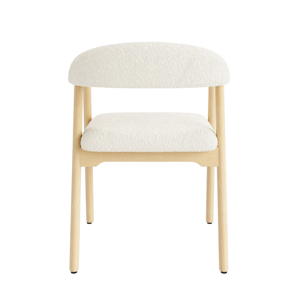 Set di 4 sedie da pranzo 60.5x57.0x79.5 cm con schienale ergonomico a C; legno e bouclé; naturale