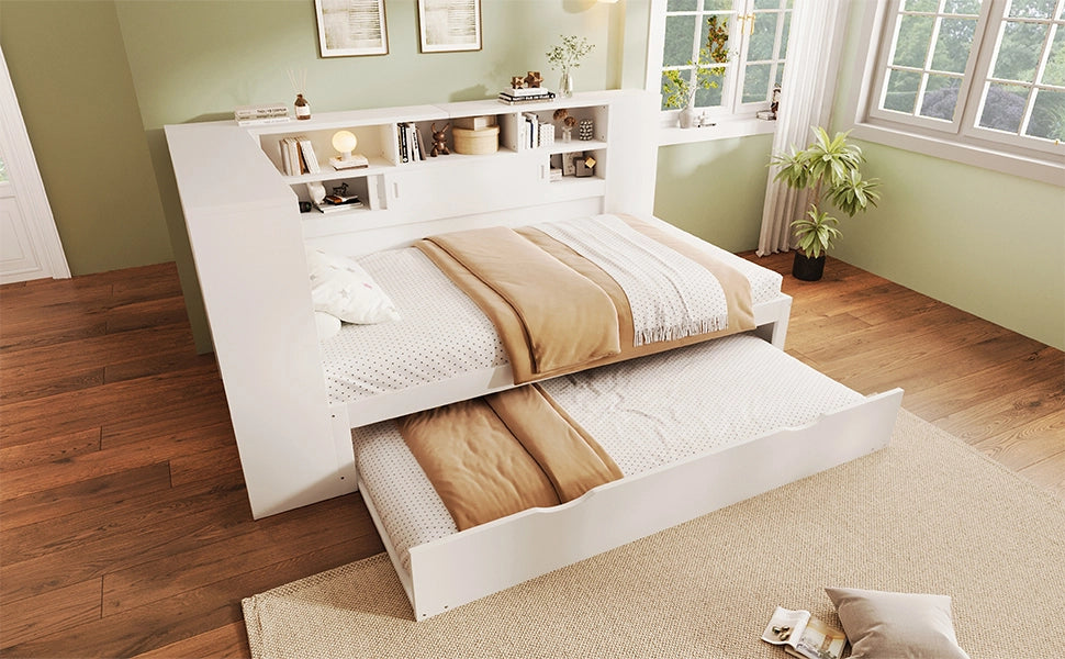 Letto singolo 90 × 200 cm con letto estraibile, contenitore con USB, senza materasso, bianco
