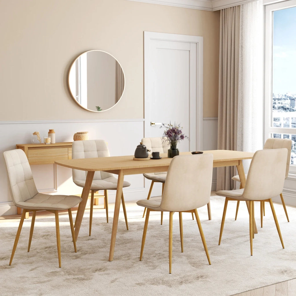 IDMarket - Set di 6 sedie da pranzo MILA in velluto beige con gambe effetto legno