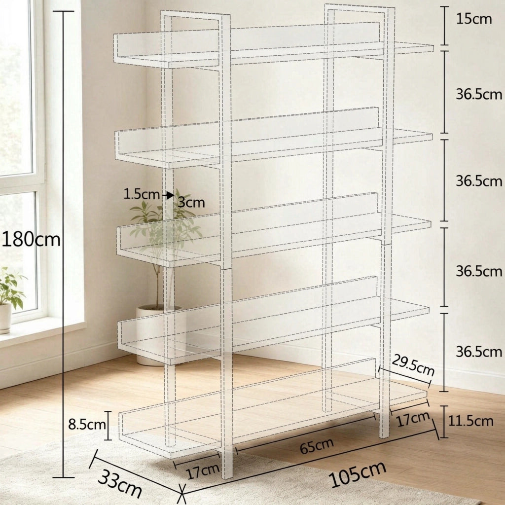 Libreria 105x33x180 cm a 5 ripiani in metallo e legno nero e marrone rustico