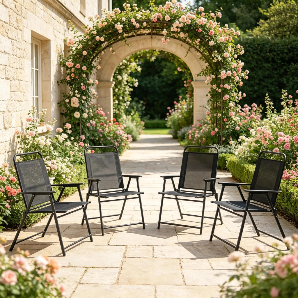 Sedia da giardino pieghevole set da 4 con schienale e braccioli salvaspazio in acciaio textilene nero 65 × 60 × 94 cm