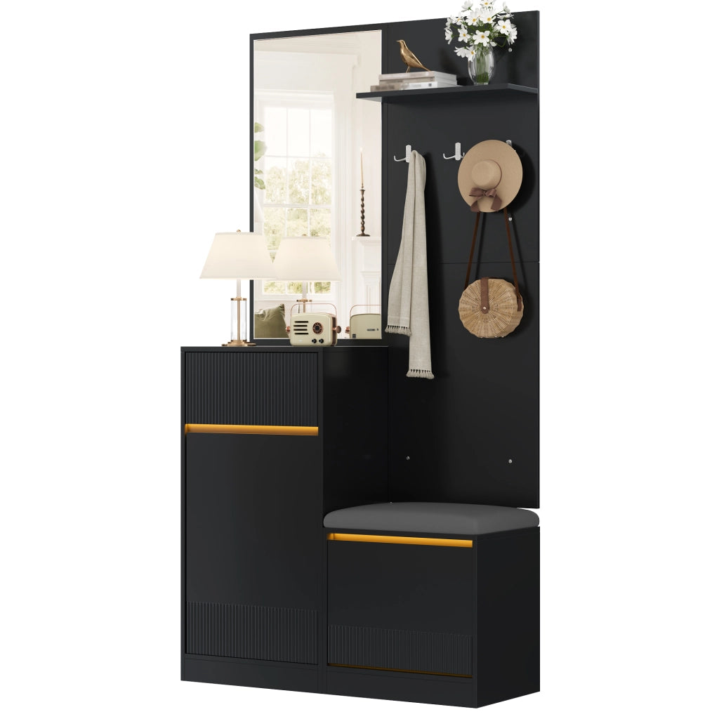 Mobile ingresso con specchio; LED e scarpiera - per ingresso - in MDF - nero