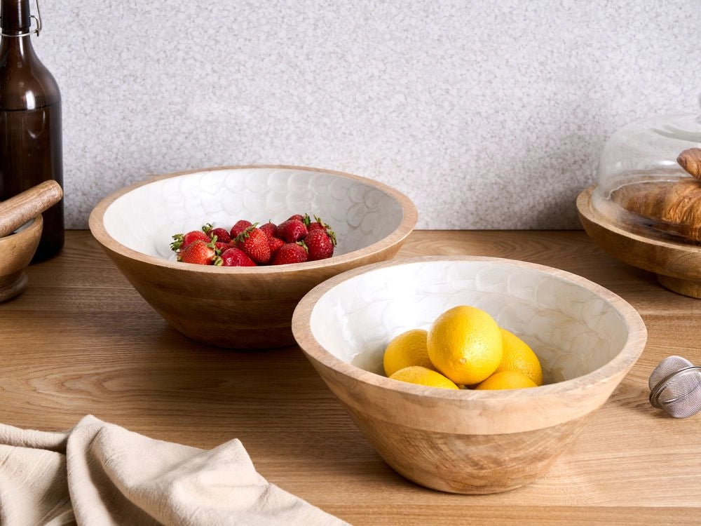 Set di 2 ciotole per frutta in legno di mango fatte a mano in stile moderno marrone chiaro