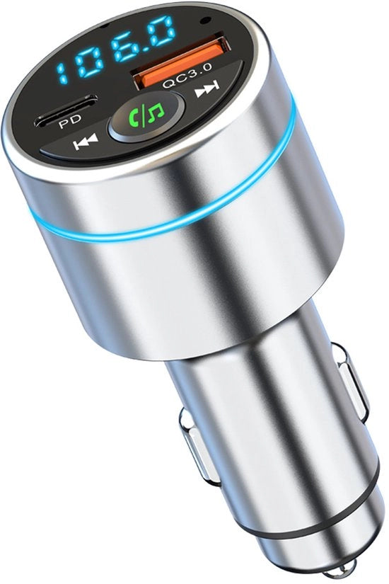Adattatore Bluetooth per auto con riduzione rumore, caricatore rapido per auto, autoradio Bluetooth con riduzione rumore e funzionalità handsfree.