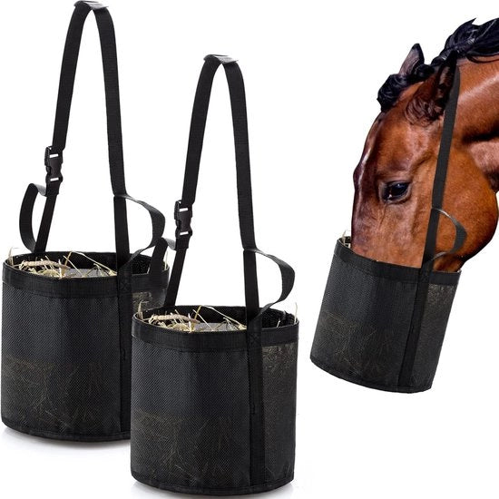 Zak daunoce per cavalli, sacchi di fieno, sacchi da mangime per cavalli con cinghie regolabili, supporto cervicale comodo, nasale e fondo impermeabile (nero): 2 pz