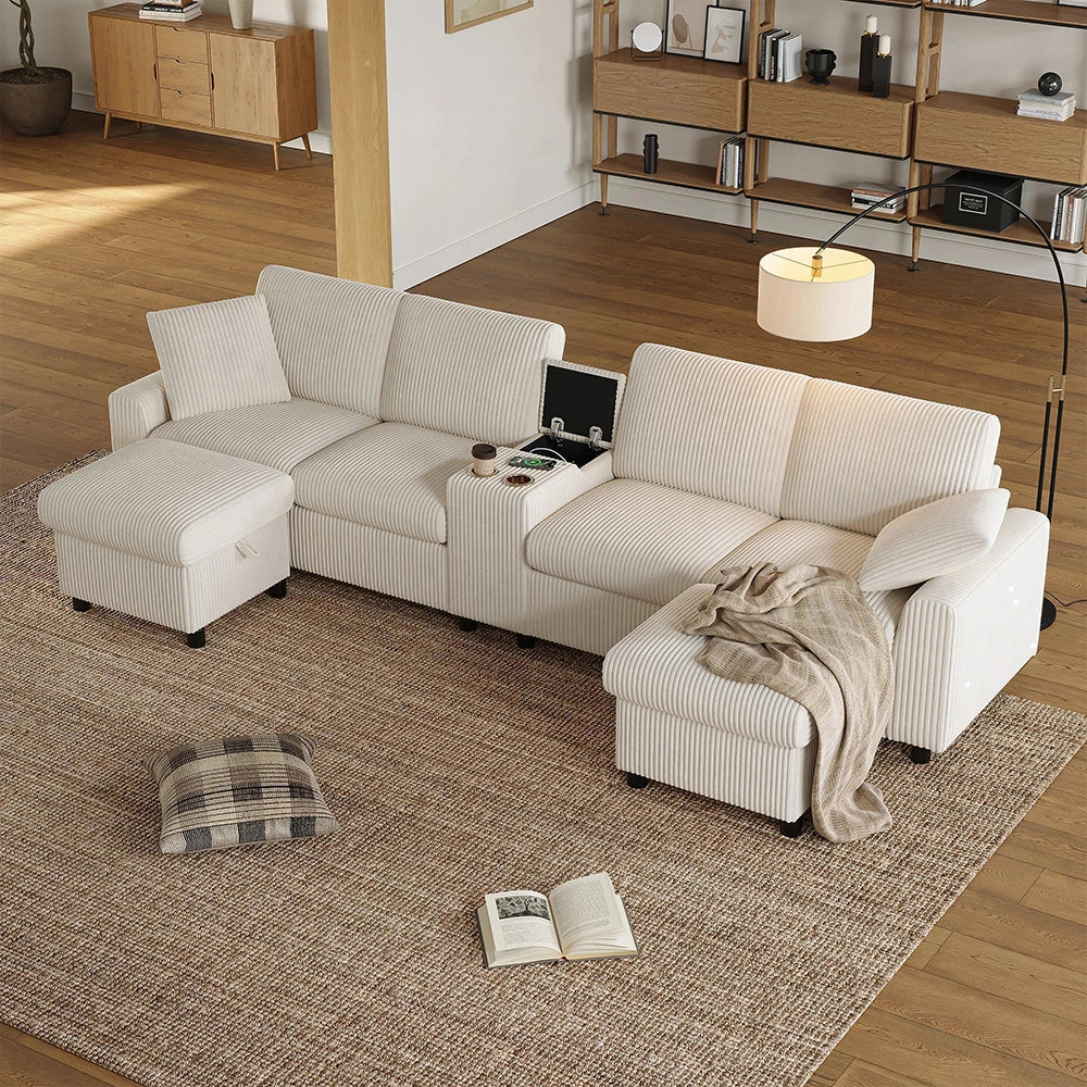 Divano a U in velluto - Xylo - Con 2 poggiapiedi, USB, Type-C, beige (315cm)