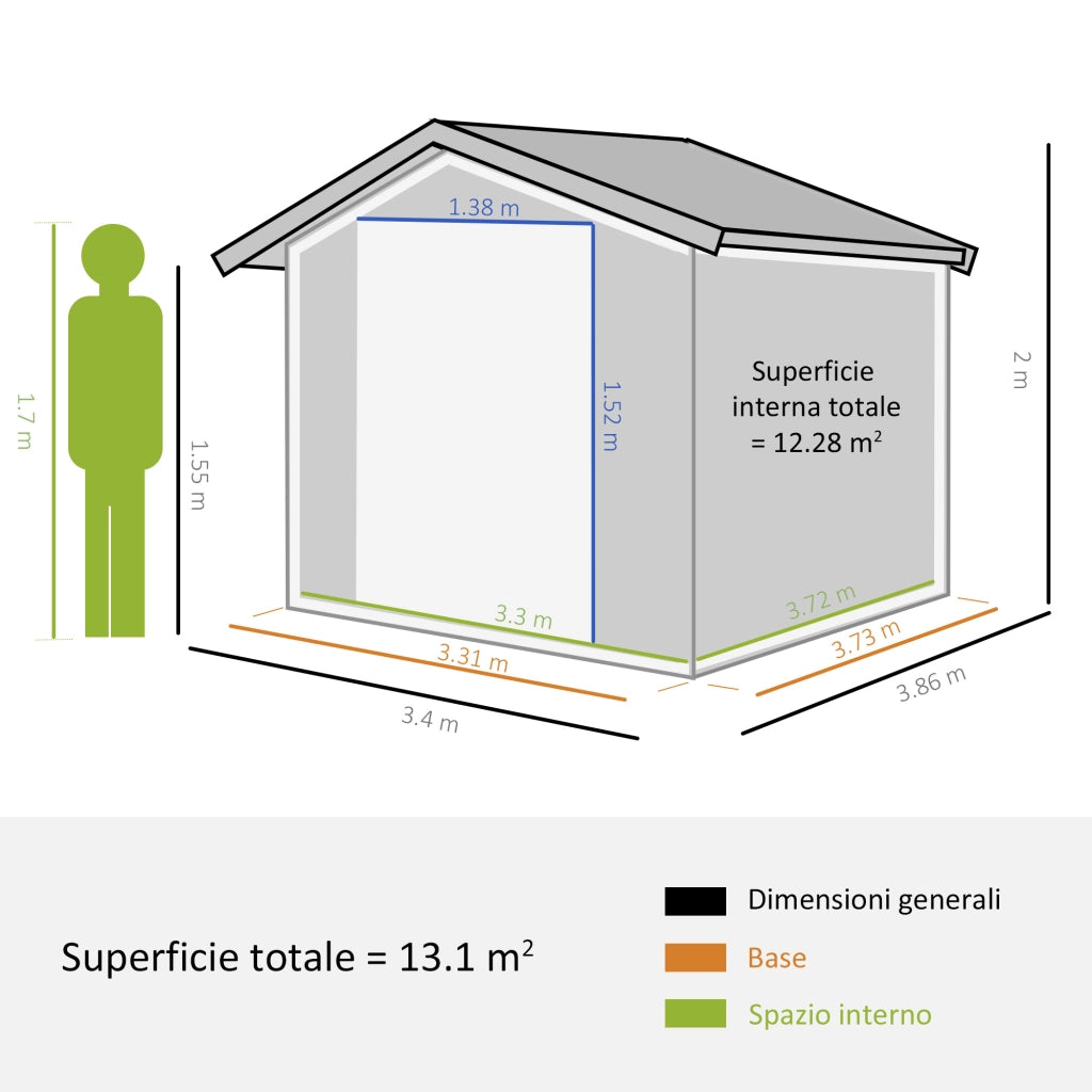 EasyComfort Casetta da Giardino 12.4m² con Fondazione, 4 Prese d'Aria e 2 Porte Scorrevoli, Capanno Porta Attrezzi in Lamiera d'Acciaio, 340x386x200 cm, Giallo