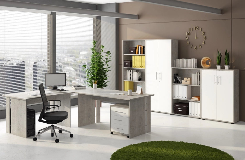 Set Per Ufficio Completo Con 2 Scrivanie 1 Modulo Ad Angolo 1 Cassettiera Con Ruote 2 Armadi Alto E Basso 2 Librerie Alta E Bassa Bianco Frassinato E Grigio Cemento
