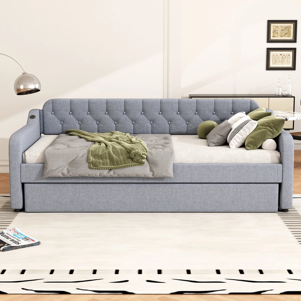 Divano letto con letto estraibile 90x200 cm; USB; in lino grigio