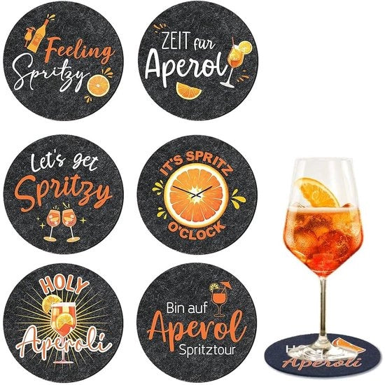 Aperol sottofondi in velluto da 6 pezzi, con frasi divertenti, per decorazione di tavola, tema carnaval, 10 x 10 cm