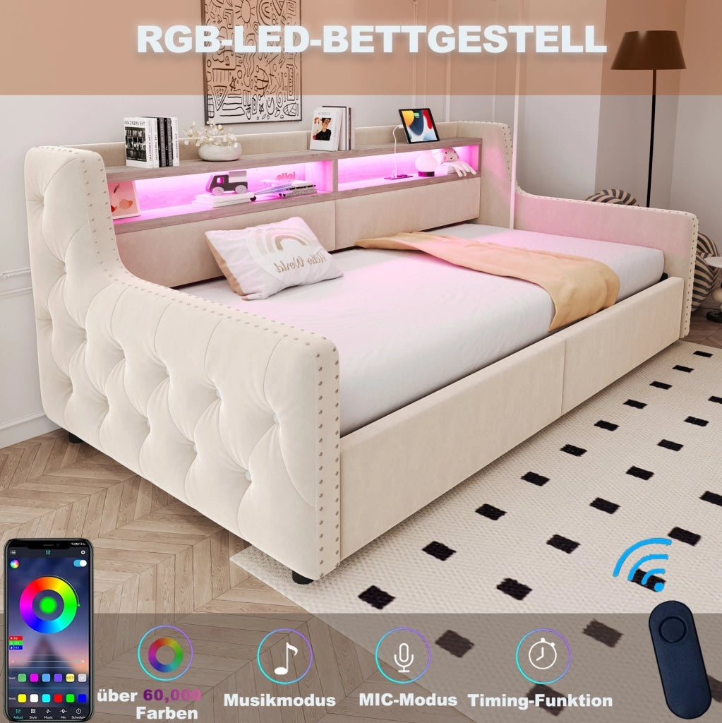 Divano letto imbottito 90x200 cm con vano contenitore e LED beige