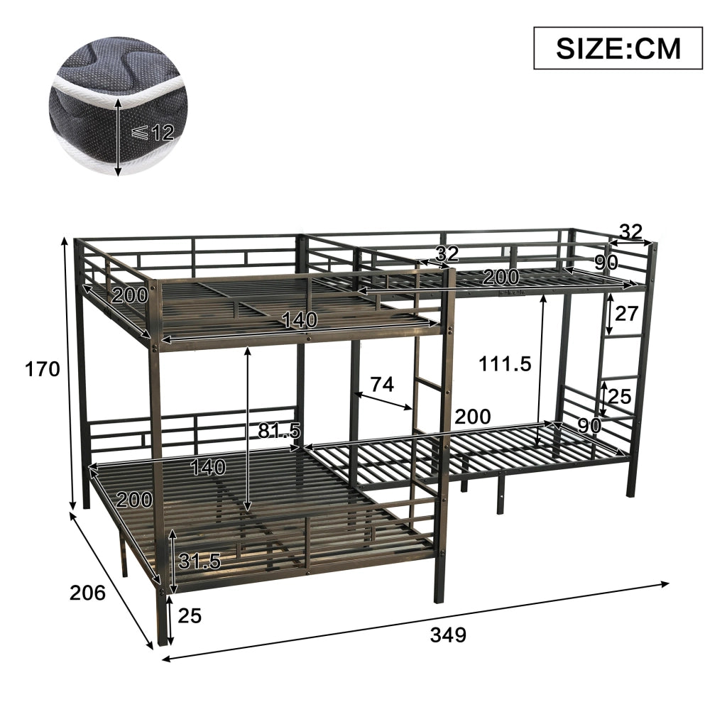 Letto a castello in ferro nero 90x200 e 140x200 cm