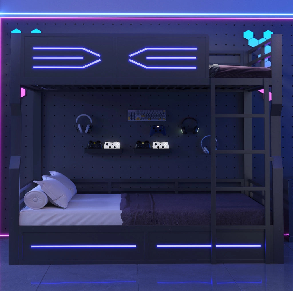Letto a castello 140x200 cm con LED; scala laterale; in metallo e MDF; nero