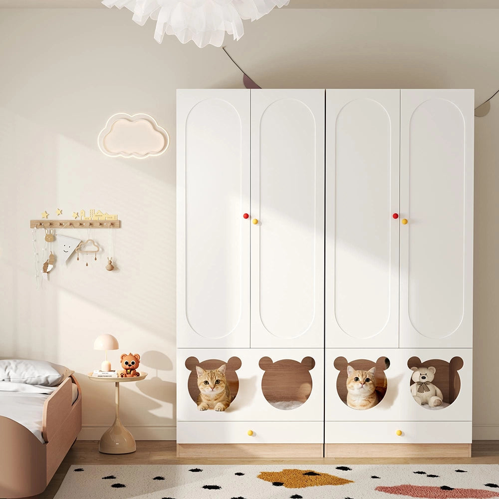 Armadio combinato bambino 2 pezzi 160x50x200 cm - Xylo - con appendiabiti e cuccia per gatto, bianco e naturale