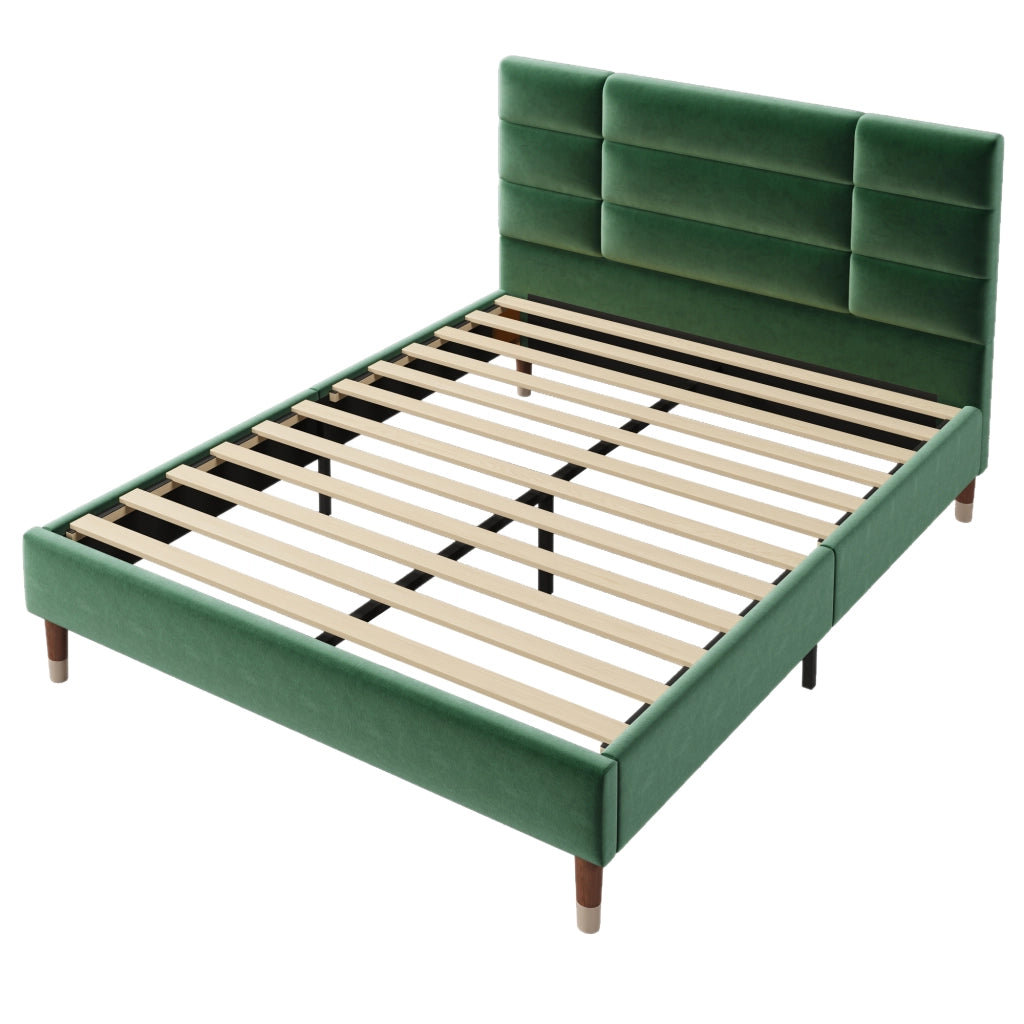 Letto Matrimoniale 140×200 cm; Letto Imbottito in Velluto con Testiera Trapuntata e Spazio Sottoletto; senza Materasso; Verde