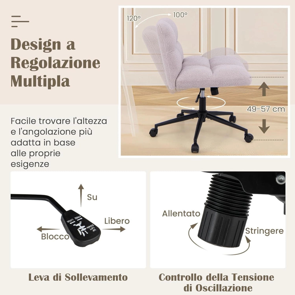 Sedia a Gambe Incrociate, Sedia da Ufficio con Ruote, con Seduta Riempita, Altezza Regolabile, Senza Braccioli, Portata 160 kg (Grigio)