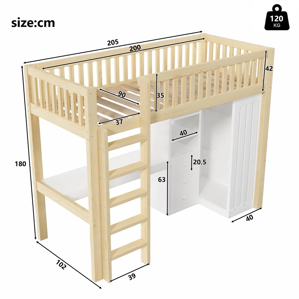 Letto a Soppalco con Scrivania, Armadio e Cassetti ¨C Xylo ¨C 90x200cm, Naturale