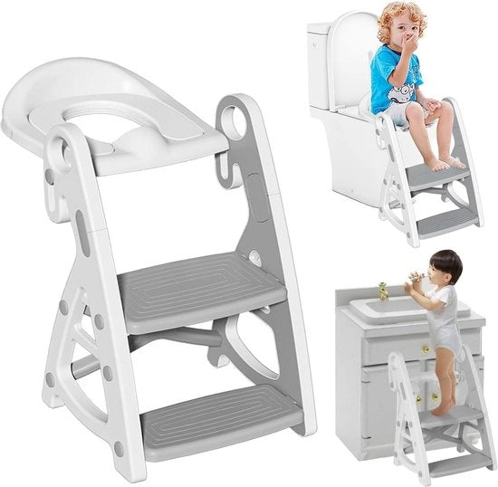 Sedile per bambini con sostegno di altezza regolabile e cuscino in PU - Toilet trainer pieghevole 2 in 1 per bambini, ragazzi e bambini piccoli con gradino