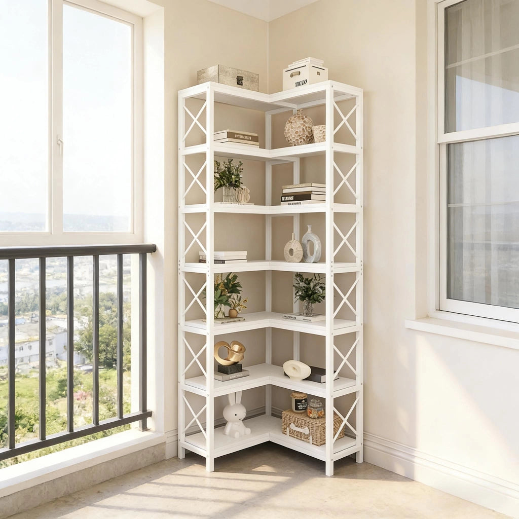 Scaffale angolare industriale a 7 livelli con 14 scomparti, metallo e legno, bianco